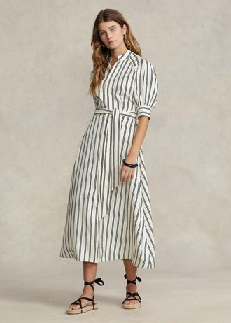 Krem / Siyah Kadın Ralph Lauren Çizgili Dut İpek Elbise