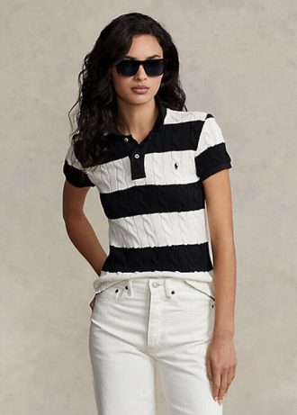 Krem / Siyah Kadın Ralph Lauren Slim Fit Kablo Örgü Polo Tişörtler