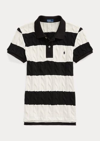 Krem / Siyah Kadın Ralph Lauren Slim Fit Kablo Örgü Polo Tişörtler