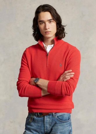 Kırmızı Erkek Ralph Lauren Örgülü Pamuklu Çeyrek Fermuarlı Kazak