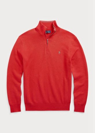 Kırmızı Erkek Ralph Lauren Örgülü Pamuklu Çeyrek Fermuarlı Kazak