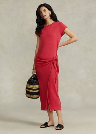 Kırmızı Kadın Ralph Lauren Bağcık Detaylı Keten Jersey Elbise