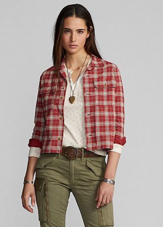 Kırmızı Kadın Ralph Lauren Ekose Baskılı Jersey Kamp Gömlekleri