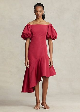 Kırmızı Kadın Ralph Lauren Fırfırlı Asimetrik Tafta Elbise