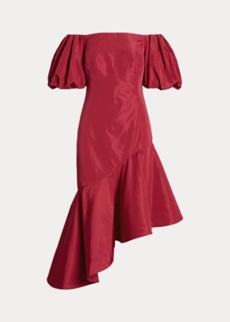 Kırmızı Kadın Ralph Lauren Fırfırlı Asimetrik Tafta Elbise