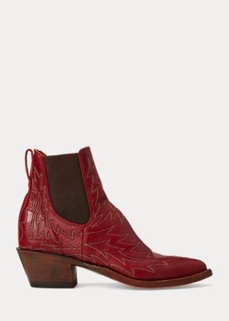 Kırmızı Kadın Ralph Lauren Lottie İşlemeli Deri Botlar