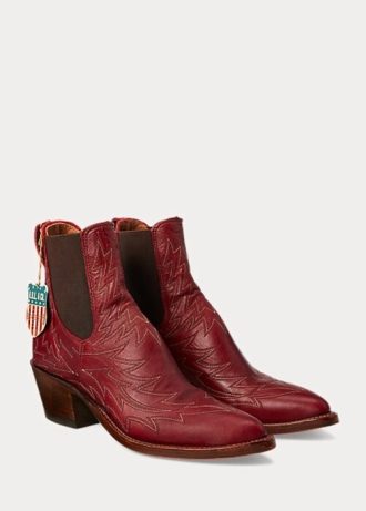 Kırmızı Kadın Ralph Lauren Lottie İşlemeli Deri Botlar
