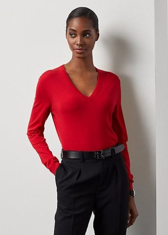 Kırmızı Kadın Ralph Lauren Yün Uzun Kollu V Yaka Kazaklar