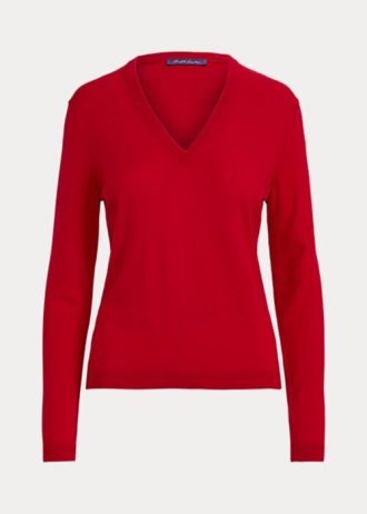 Kırmızı Kadın Ralph Lauren Yün Uzun Kollu V Yaka Kazaklar