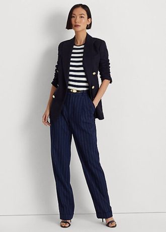 Lacivert / Beyaz Kadın Ralph Lauren Çizgili Düz Pantolon