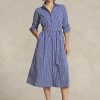 Lacivert / Beyaz Kadın Ralph Lauren Kemerli Çizgili Elbise