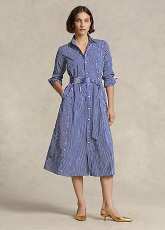 Lacivert / Beyaz Kadın Ralph Lauren Kemerli Çizgili Elbise