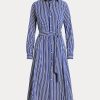 Lacivert / Beyaz Kadın Ralph Lauren Kemerli Çizgili Elbise