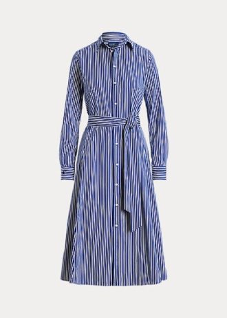 Lacivert / Beyaz Kadın Ralph Lauren Kemerli Çizgili Elbise