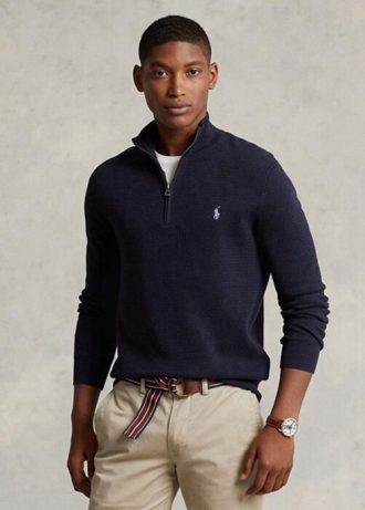 Lacivert Erkek Ralph Lauren Dokulu Pamuklu Çeyrek Fermuarlı Kazak