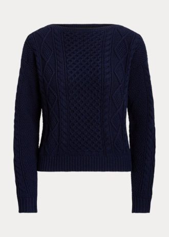 Lacivert Kadın Ralph Lauren Aran Örgü Pamuklu Tekne Yaka Kazaklar