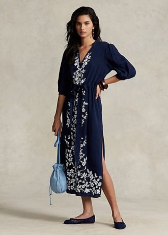 Lacivert Kadın Ralph Lauren Çiçek İşlemeli Tül Uzun Elbise