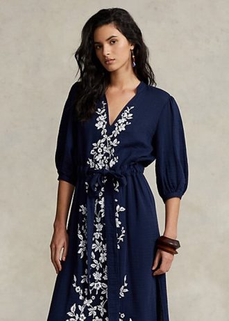 Lacivert Kadın Ralph Lauren Çiçek İşlemeli Tül Uzun Elbise