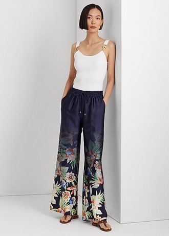 Lacivert Kadın Ralph Lauren Çiçekli Charmeuse Geniş Paça Pantolon