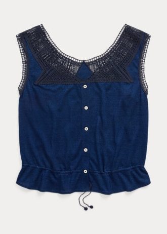 Lacivert Kadın Ralph Lauren Indigo Tığ İşi Kenarlı Atlet Gömlekler