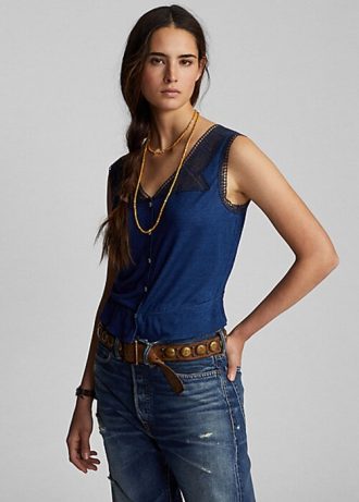 Lacivert Kadın Ralph Lauren Indigo Tığ İşi Kenarlı Atlet Gömlekler