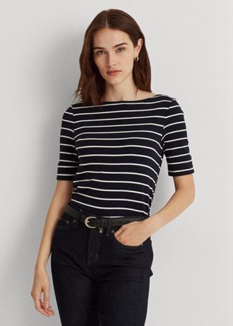 Lacivert Kadın Ralph Lauren Çizgili Tekne Yaka Üstler