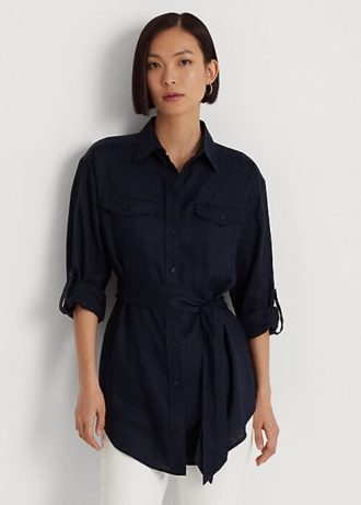 Lacivert Kadın Ralph Lauren Kemerli Keten Gömlekler