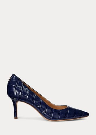 Lacivert Kadın Ralph Lauren Lanette Kabartmalı Deri Topuklu Ayakkabı