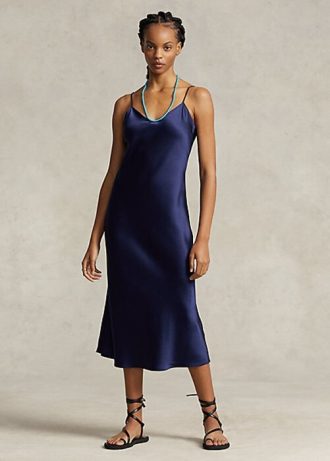 Lacivert Kadın Ralph Lauren Mulberry İpek Midi Slip Elbise