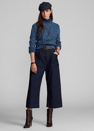 Lacivert Kadın Ralph Lauren Pamuklu-Keten Kot Geniş Paça Pantolon