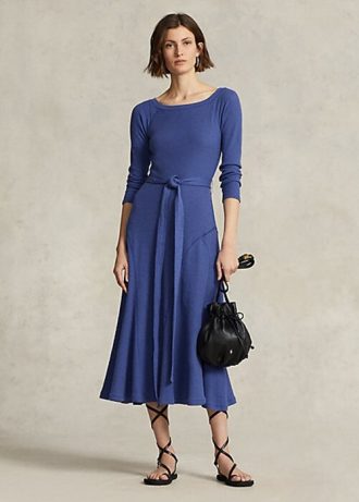 Lacivert Kadın Ralph Lauren Pamuklu Tekne Yaka Midi Elbise