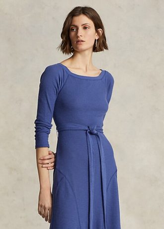 Lacivert Kadın Ralph Lauren Pamuklu Tekne Yaka Midi Elbise