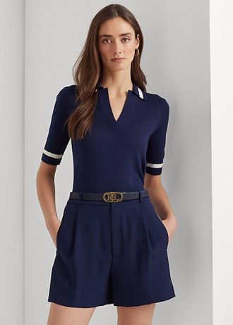 Lacivert Kadın Ralph Lauren İpek Karışımlı Kısa Kollu Kazaklar