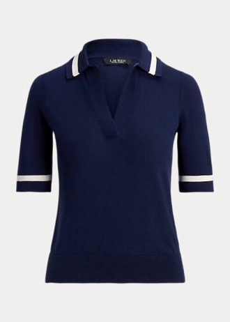 Lacivert Kadın Ralph Lauren İpek Karışımlı Kısa Kollu Kazaklar