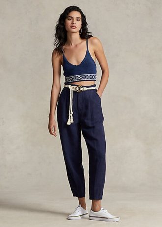 Lacivert Kadın Ralph Lauren Pileli Keten Karışımlı Twill Pantolon