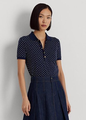 Lacivert Kadın Ralph Lauren Puantiyeli Piqué Polo Gömlek