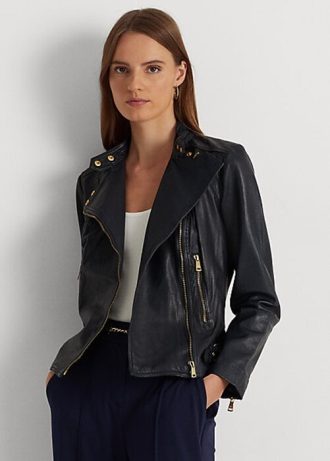 Lacivert Kadın Ralph Lauren Tumbled Deri Motosiklet Ceketleri