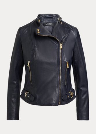 Lacivert Kadın Ralph Lauren Tumbled Deri Motosiklet Ceketleri