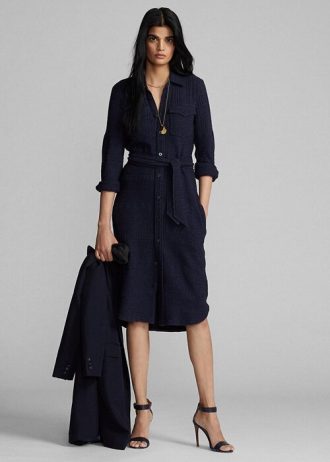 Lacivert Kadın Ralph Lauren Yün-Pamuklu Kemerli Elbise