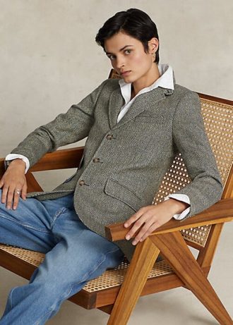 Lacivert / Krem Kadın Ralph Lauren Keten Karışımlı Balıksırtı Desenli Blazer Ceket