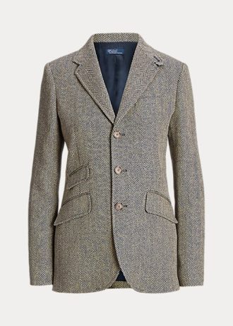 Lacivert / Krem Kadın Ralph Lauren Keten Karışımlı Balıksırtı Desenli Blazer Ceket