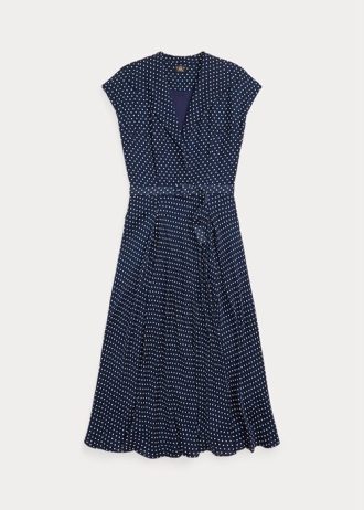 Lacivert / Krem Kadın Ralph Lauren Polka Noktalı İpek Jorjet Elbise
