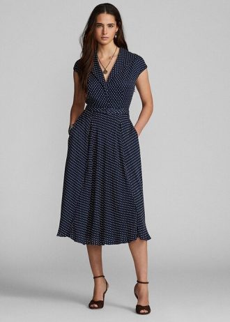 Lacivert / Krem Kadın Ralph Lauren Polka Noktalı İpek Jorjet Elbise