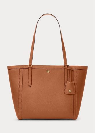 Lauren Tan Kadın Ralph Lauren Crosshatch Deri Orta Boy Clare Tote Çantalar