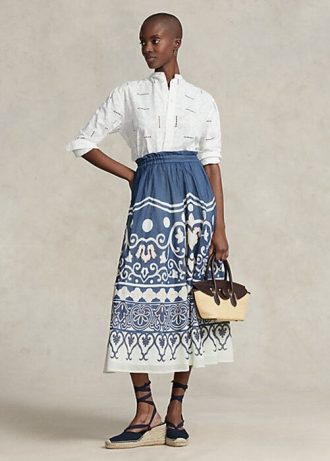 Mavi / Beyaz Kadın Ralph Lauren Desenli Boncuklu Vual A Kesim Etekler