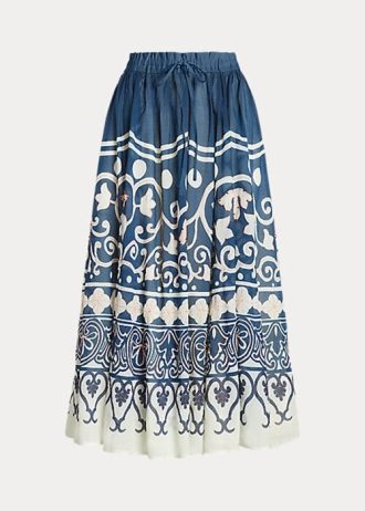 Mavi / Beyaz Kadın Ralph Lauren Desenli Boncuklu Vual A Kesim Etekler