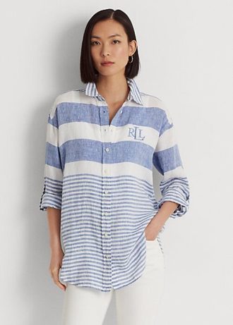 Mavi / Beyaz Kadın Ralph Lauren Çizgili Büyük Boy Keten Gömlekler