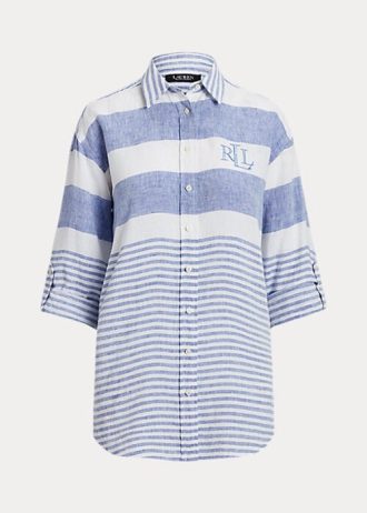 Mavi / Beyaz Kadın Ralph Lauren Çizgili Büyük Boy Keten Gömlekler