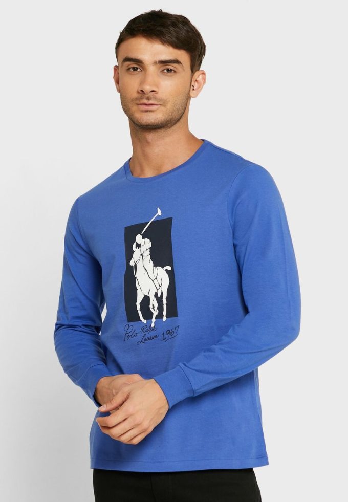 Mavi Erkek Ralph Lauren Grafik Yuvarlak Yaka Tişörtler