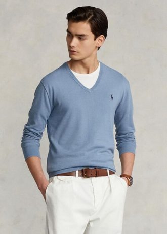 Mavi Erkek Ralph Lauren Slim Fit Dokulu Pamuklu Kazak